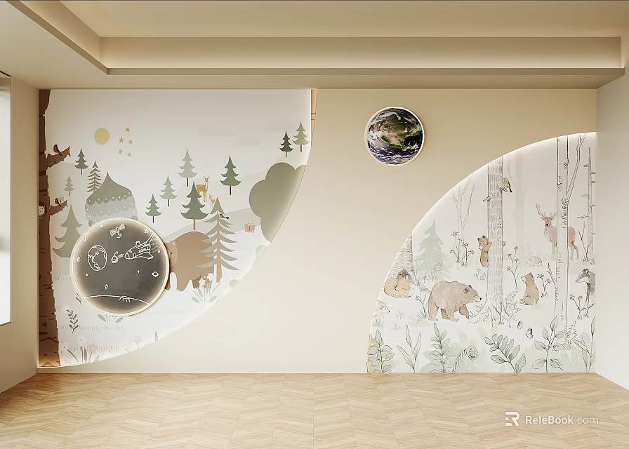 Forest Animal Themed Background Wall With Trees Bears Moon Globe And Arched Design 3d model