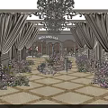 Elegant Romantic Photo Spot With White Curtains Chandelier Arches Colorful Flowers And Patterned Floor Tiles