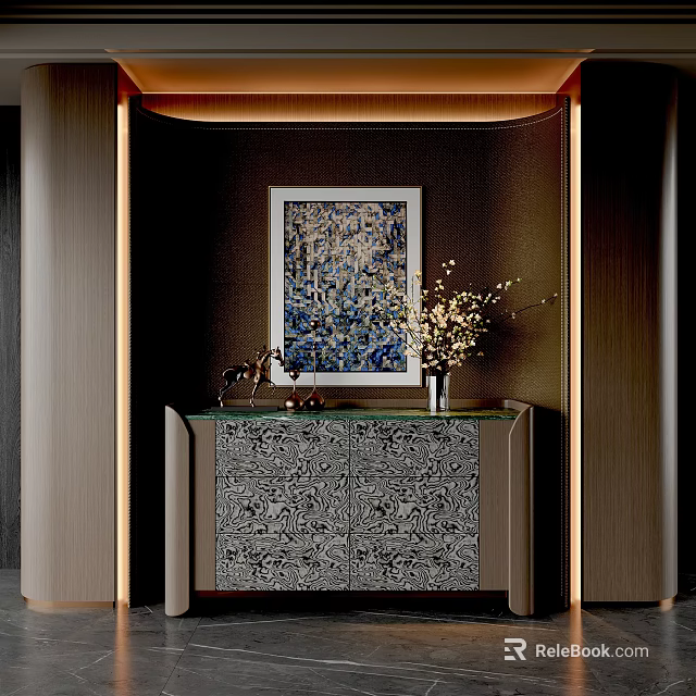 Elegant Entryway Side Cabinet With Patterned Design Vase Artwork And Ambient Lighting 3d model 
