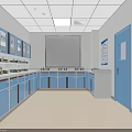 Modern Laboratory Interior With Blue Cabinets Workbenches Wall Charts And White Ceiling 3d model