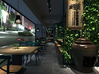 Warm Restaurant Interior With Wooden Tables Green Vines Hanging Lamps And Clay Jar 3d model