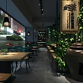 Warm Restaurant Interior With Wooden Tables Green Vines Hanging Lamps And Clay Jar