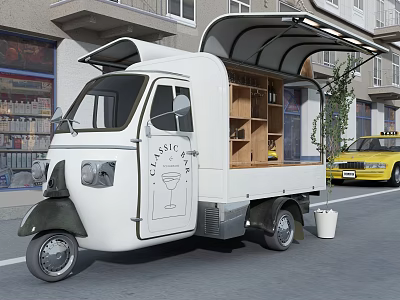 Classic White Mobile Bar Functional Vehicle With Open Awning On Street Near Taxi 3d model