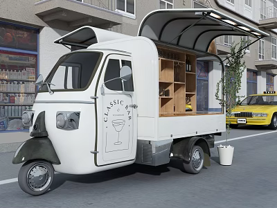 Classic White Mobile Bar Functional Vehicle With Open Awning On Street Near Taxi 3d model