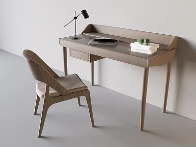 Modern Minimalist Wooden Desk And Chair Set With Table Lamp Notebook Books Small Potted Plant 3d model