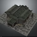 Traditional Chinese Architecture With Green Tile Roof Curved Eaves Wooden Structure And Stone Base