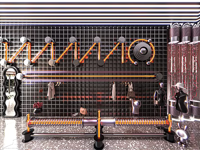 Modern Fashion Clothing Store With Grid Wall Display Racks Hanging Clothes And Decorative Lights 3d model