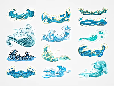 Blue And White Decorative Wave Patterns With Various Design Styles 3d model
