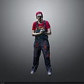 Man in Red Cap and Overalls Holding Power Tool Standing Against Gray Background