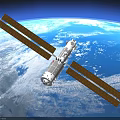 Large Satellite With Solar Panels Orbiting Above Blue Earth Planet In Space 3d model