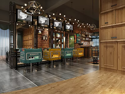 Modern Hair Salon Interior Design With Styling Chairs Wooden Furniture TV Screens And Pendant Lights 3d model