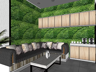Elegant Beauty Hair Salon Interior With Green Plant Wall Wooden Cabinets And Comfortable Sofa 3d model