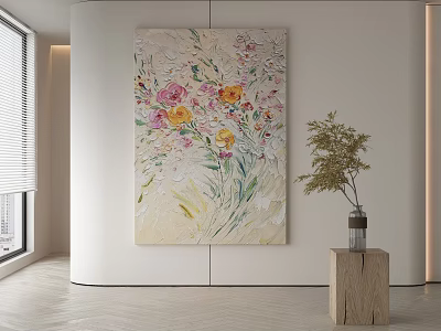 Colorful Abstract Floral Painting With Textured Brushstrokes And Decorative Vase In Modern Interior 3d model