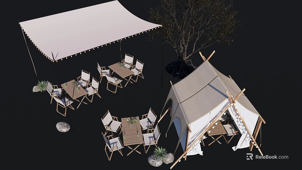 Garden Landscape With Tent Canopy Outdoor Tables Chairs Tree Stones And Plants 3d model 