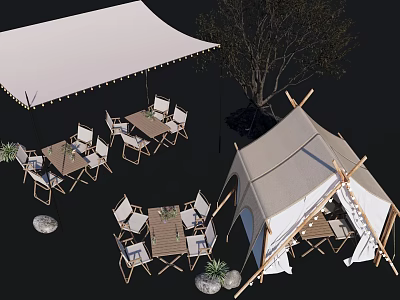 Garden Landscape With Tent Canopy Outdoor Tables Chairs Tree Stones And Plants 3d model
