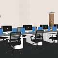 Modern Office Workspace With White Desk Multiple Monitors Black Chairs And Green Plant