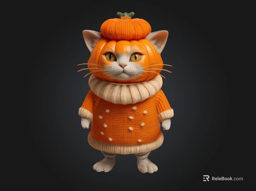Cute Cat Wearing Orange Sweater And Pumpkin Hat On Dark Background 3d model 