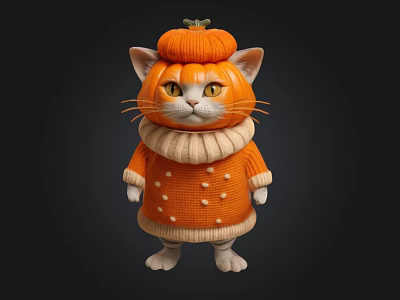Cute Cat Wearing Orange Sweater And Pumpkin Hat On Dark Background 3d model