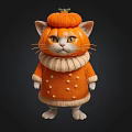 Cute Cat Wearing Orange Sweater And Pumpkin Hat On Dark Background