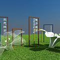Green Grass Field With Multiple Colorful Frames And White Flower Featuring Japanese Characters 3d model