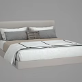 Double Bed with Light Gray Headboard Plaid Pattern Pillows and White Quilt with Black Lines 3d model