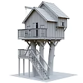 Wooden Tree House Built On Two Trees Featuring Staircase Balcony And Sloped Roof