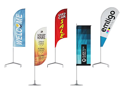 Different Colored Advertising Flags With Welcome Used Car Sale And Logistics Messages On Pole Stands 3d model