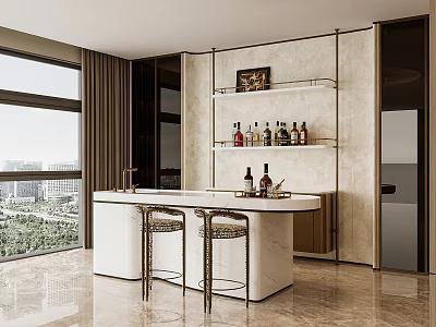 Modern Luxury Home Marble Bar Counter With Chic Bar Stools And Wall Mounted Wine Shelves 3d model