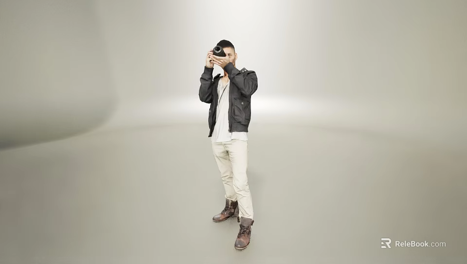 Man Taking Photos With Black Jacket White Top Beige Pants Brown Boots In Light Studio 3d model 