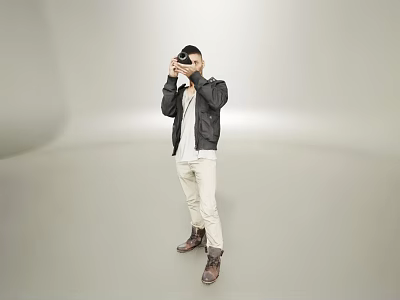 Man Taking Photos With Black Jacket White Top Beige Pants Brown Boots In Light Studio 3d model
