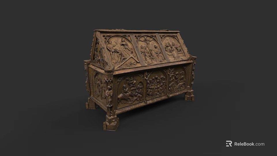 Antique Wooden Carved Chest With Intricate Sculptural Designs And Detailed Patterns 3d model 