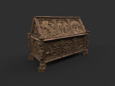 Antique Wooden Carved Chest With Intricate Sculptural Designs And Detailed Patterns 3d model