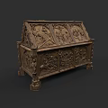 Antique Wooden Carved Chest With Intricate Sculptural Designs And Detailed Patterns