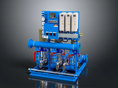 Blue Industrial Pump Unit With Control Panel Digital Display Pipes And Valves 3d model