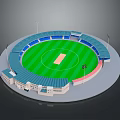 3D Rendered Cricket Stadium Design With Green Turf Brown Pitch Blue Stands And Light Poles