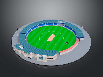 3D Rendered Cricket Stadium Design With Green Turf Brown Pitch Blue Stands And Light Poles 3d model