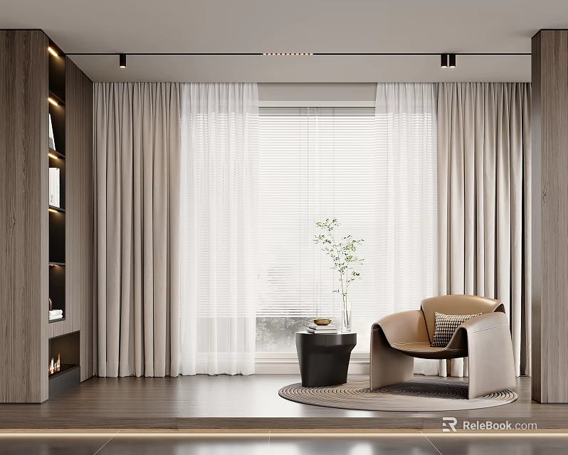 Beige Sheer Curtain In Living Room With Wooden Bookshelf Single Sofa And Green Plant 3d model 