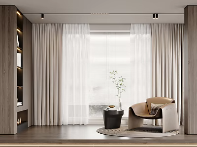 Beige Sheer Curtain In Living Room With Wooden Bookshelf Single Sofa And Green Plant 3d model