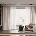 Beige Sheer Curtain In Living Room With Wooden Bookshelf Single Sofa And Green Plant