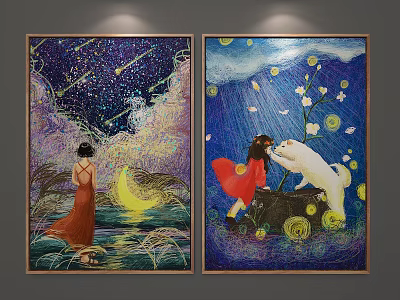 Figure Paintings Woman in Red Dress Starry Sky Moon and Girl White Animal Yellow Flowers 3d model
