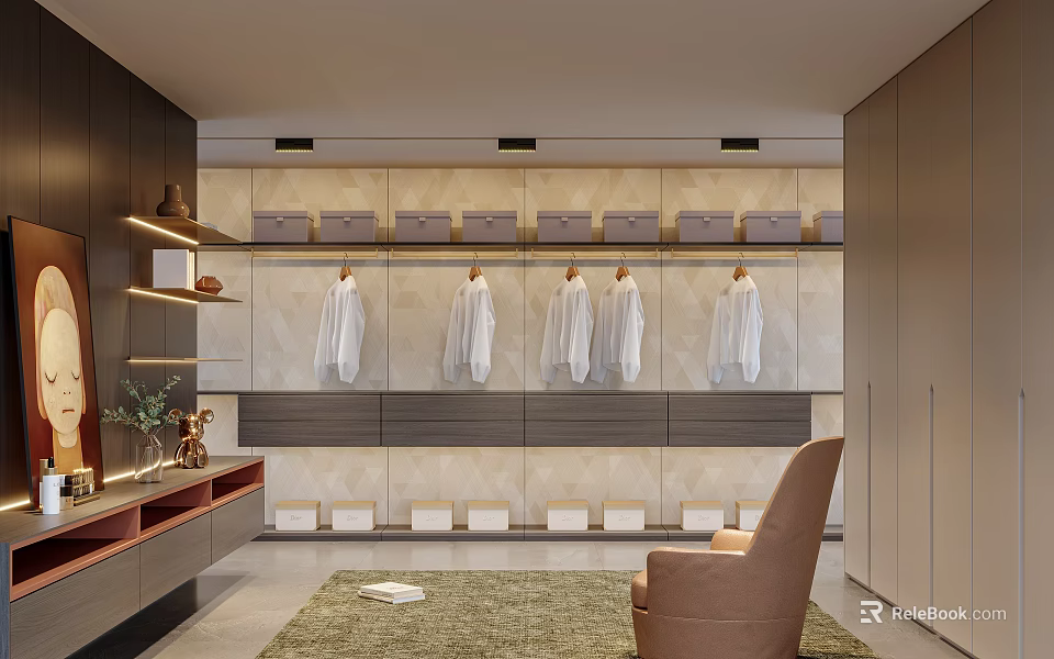 Modern Walk-in Closet Interior With Hanging White Shirts Storage Cabinets Armchair Rug And Decorative Shelves 3d model 
