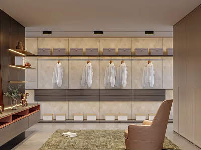 Modern Walk-in Closet Interior With Hanging White Shirts Storage Cabinets Armchair Rug And Decorative Shelves 3d model