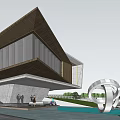 Modern Sales Office Building With Sloped Roof Large Glass Windows Pool Sculpture And City Skyline