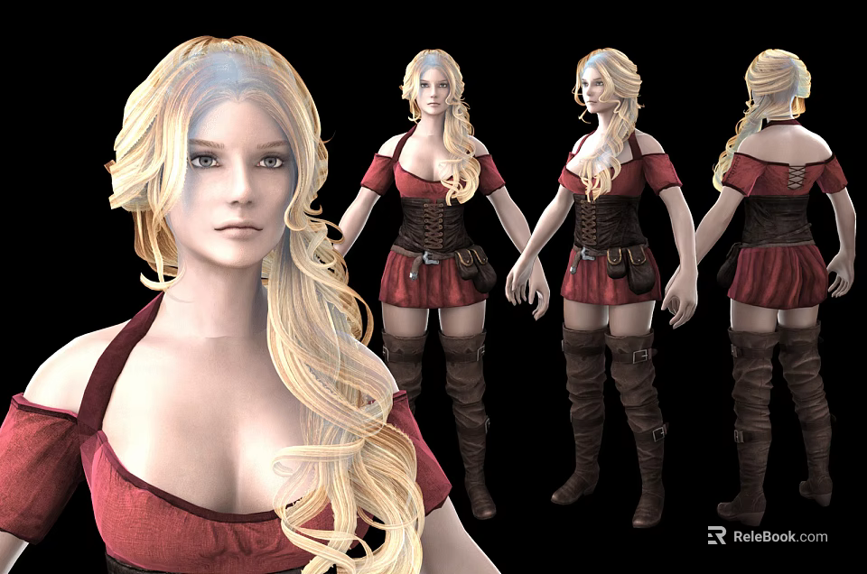 Blonde Woman In Red Off Shoulder Dress With Brown Corset And Boots From Multiple Angles 3d model 