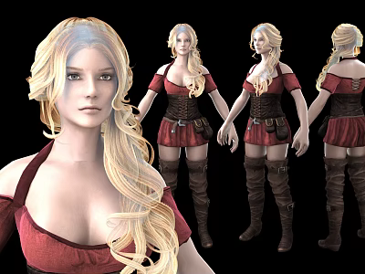 Blonde Woman In Red Off Shoulder Dress With Brown Corset And Boots From Multiple Angles 3d model