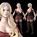 Blonde Woman In Red Off Shoulder Dress With Brown Corset And Boots From Multiple Angles