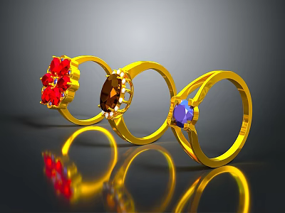 Elegant Gold Rings Featuring Red Brown And Blue Gemstones In Classic Design For Jewelry Collection 3d model