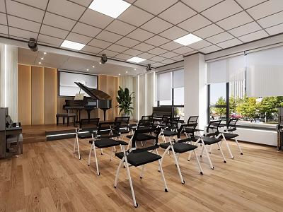 School Music Classroom With Piano Stage Rows Of Chairs And Bright Windows Wooden Floor 3d model