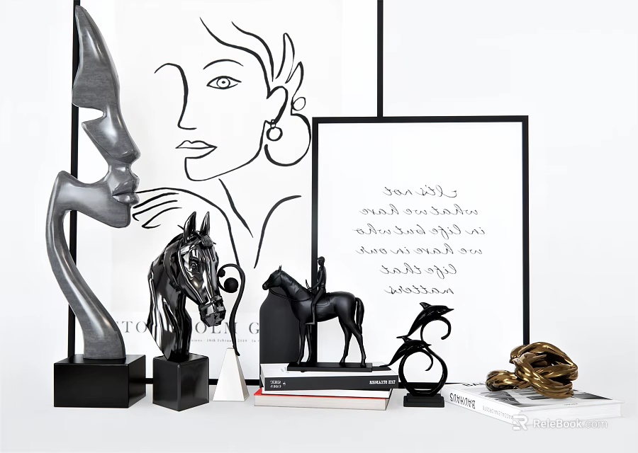 Minimalist Modern Decorative Ornament Set With Face Sculpture Horse Figurine Framed Artwork For Tabletop Decor 3d model 