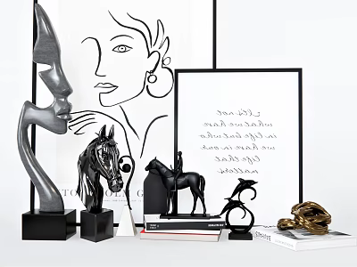 Minimalist Modern Decorative Ornament Set With Face Sculpture Horse Figurine Framed Artwork For Tabletop Decor 3d model